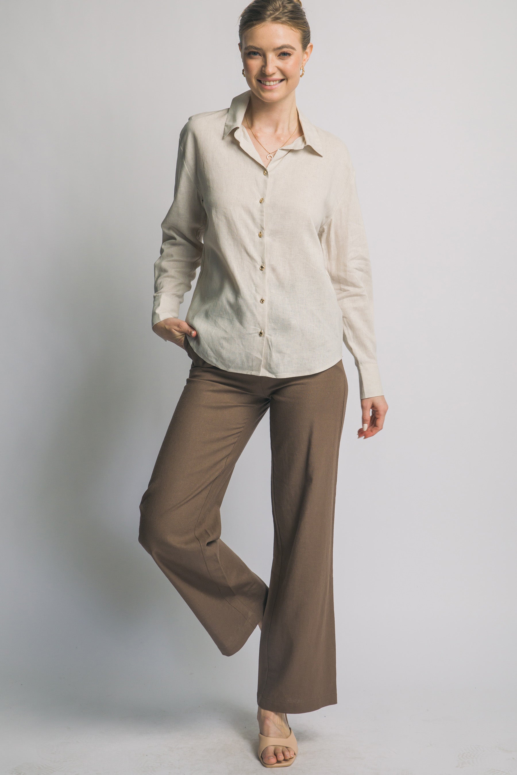 Camisa de Lino para Mujer, Manga Larga con Cuello y Botones