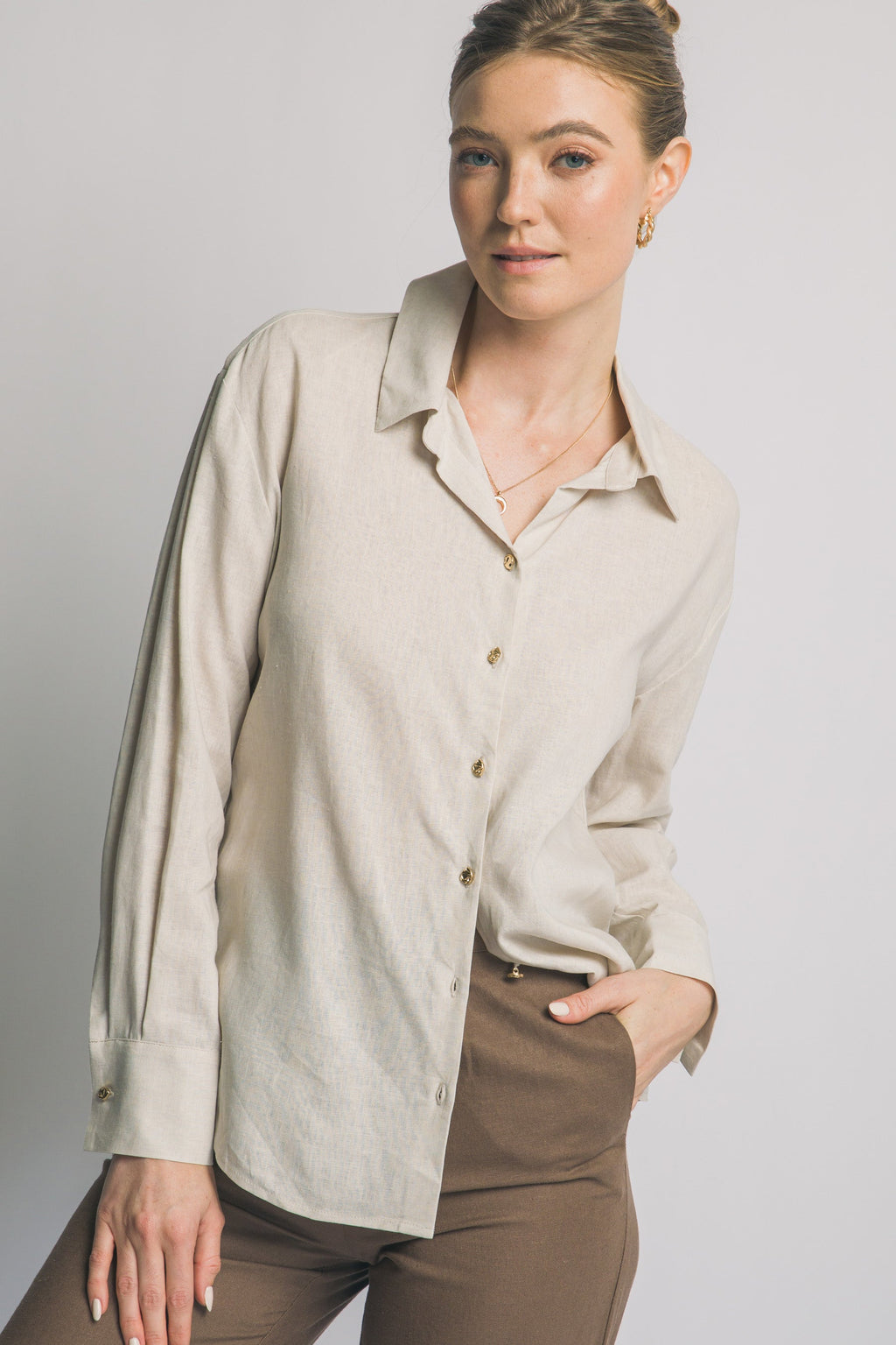 Camisa de Lino para Mujer, Manga Larga con Cuello y Botones