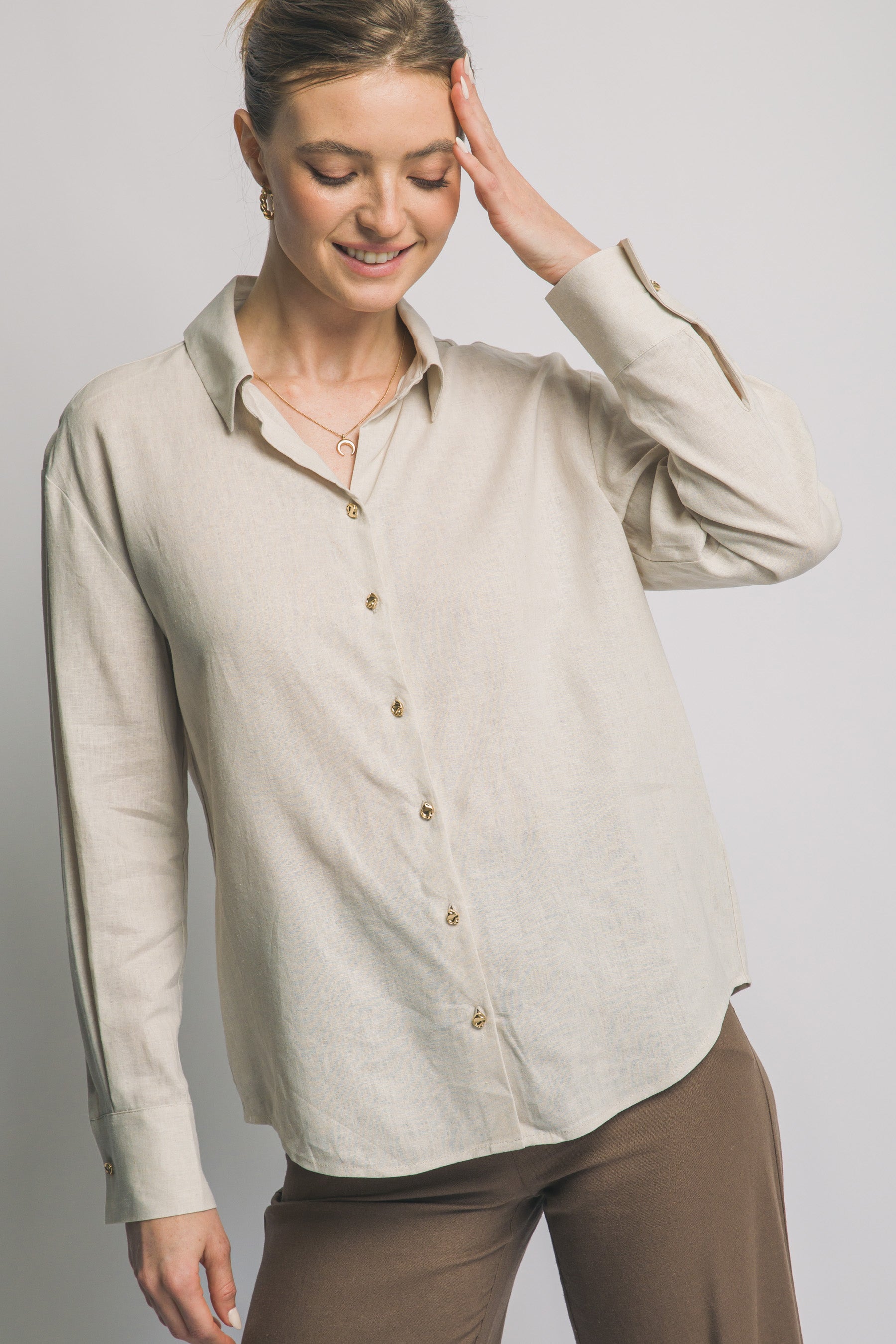 Camisa de Lino para Mujer, Manga Larga con Cuello y Botones