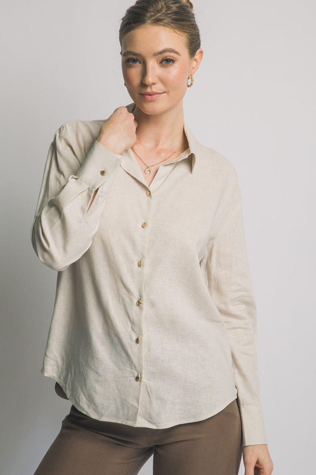 Camisa de Lino para Mujer, Manga Larga con Cuello y Botones