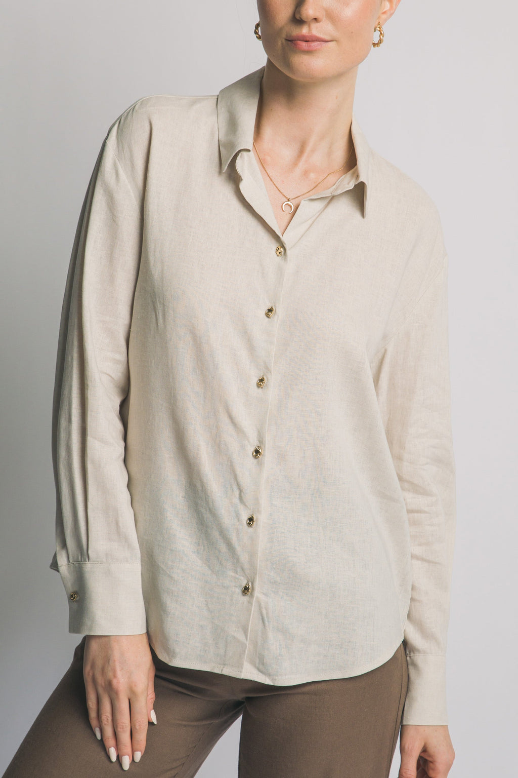 Camisa de Lino para Mujer, Manga Larga con Cuello y Botones