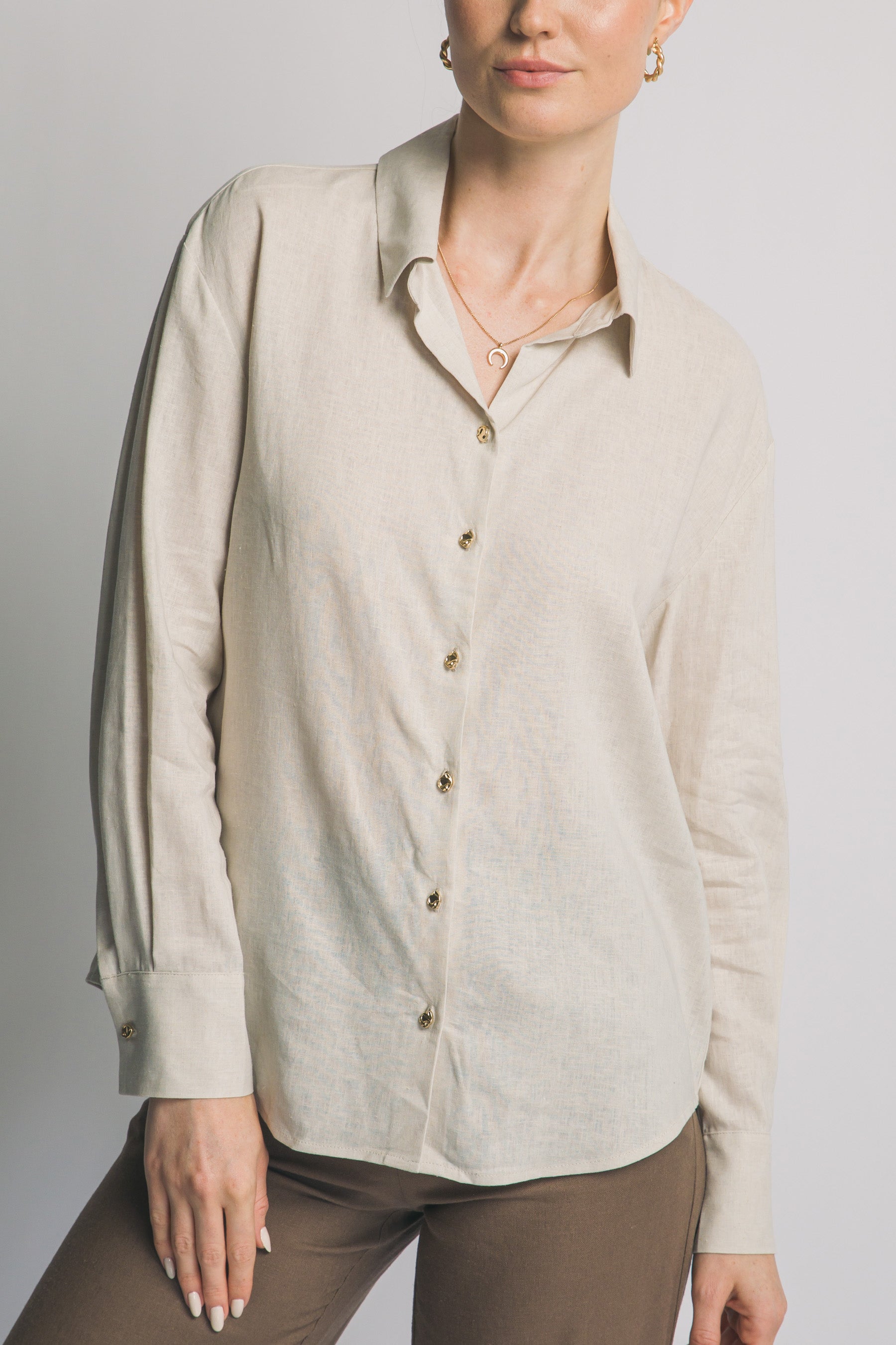 Camisa de Lino para Mujer, Manga Larga con Cuello y Botones