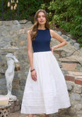 Navy Sleeveless A-Line Midi Dress with Pleated Skirt