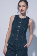 Chaleco Blusa de Mezclilla Azul Indigo con Cuello Redondo para Mujer