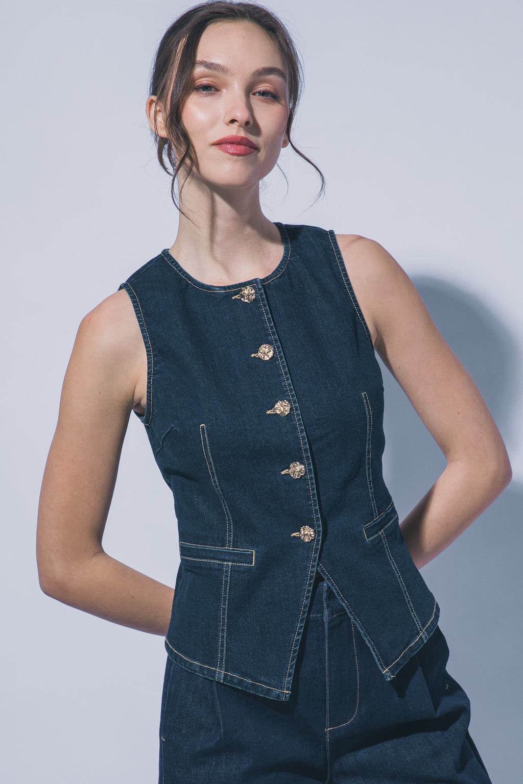 Chaleco Blusa de Mezclilla Azul Indigo con Cuello Redondo para Mujer