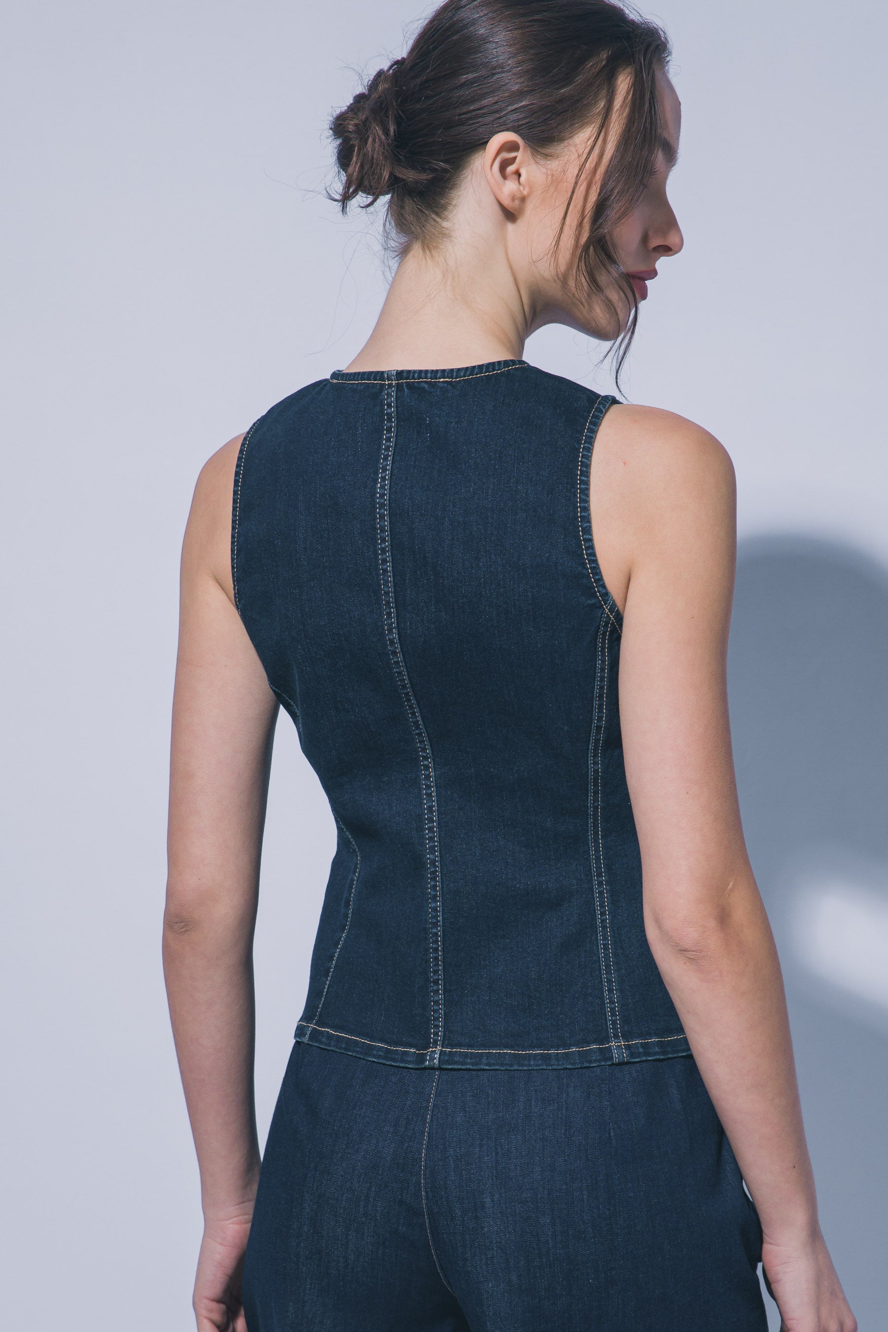 Chaleco Blusa de Mezclilla Azul Indigo con Cuello Redondo para Mujer