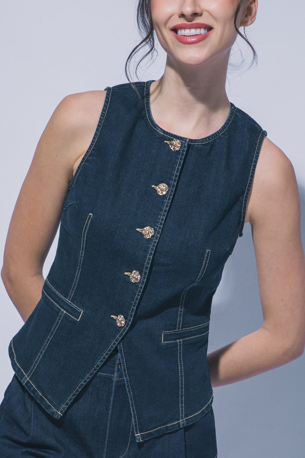 Chaleco Blusa de Mezclilla Azul Indigo con Cuello Redondo para Mujer
