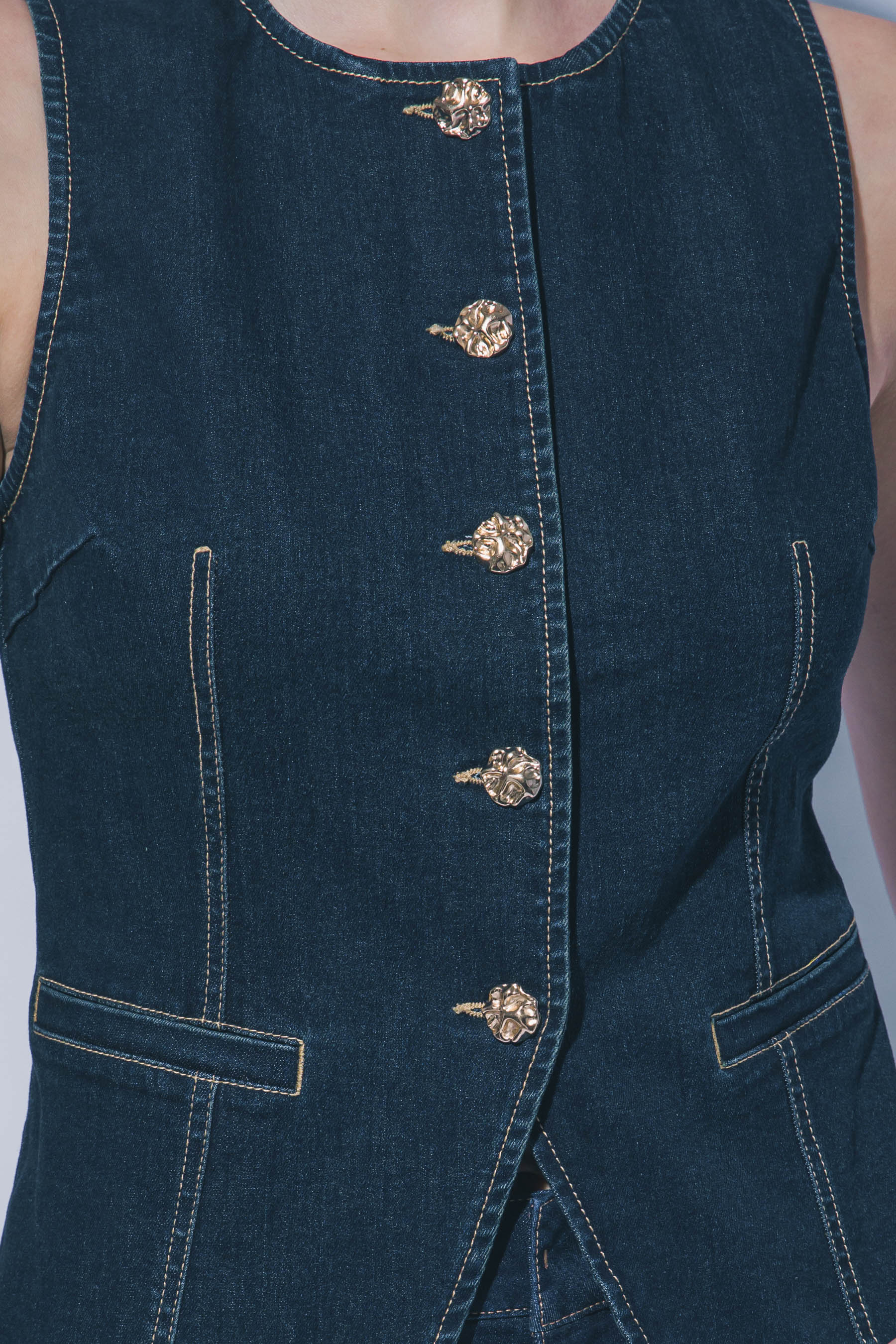 Chaleco Blusa de Mezclilla Azul Indigo con Cuello Redondo para Mujer