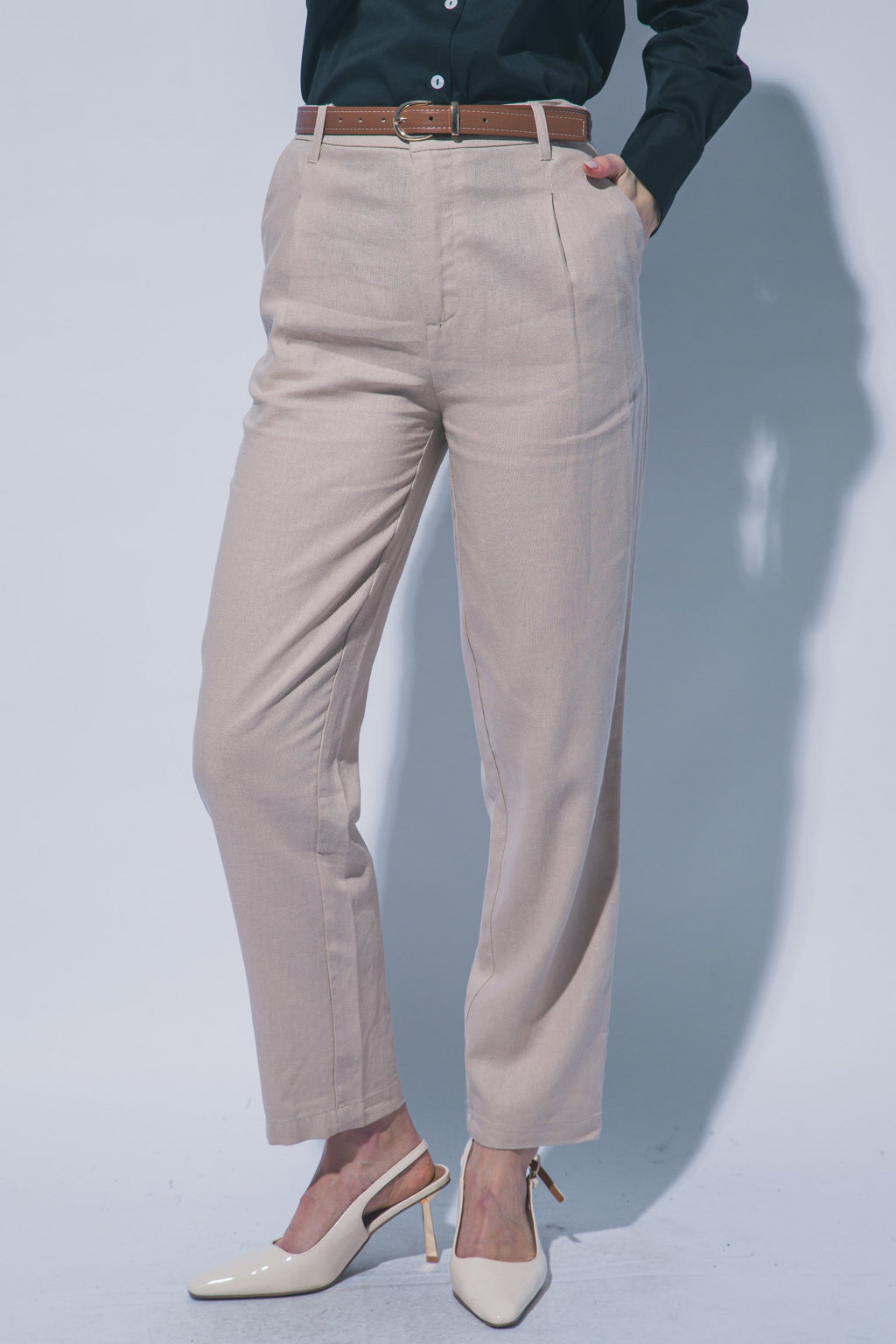 Pantalones de Lino para Mujer de Tiro Alto con Cinturón Ajustable