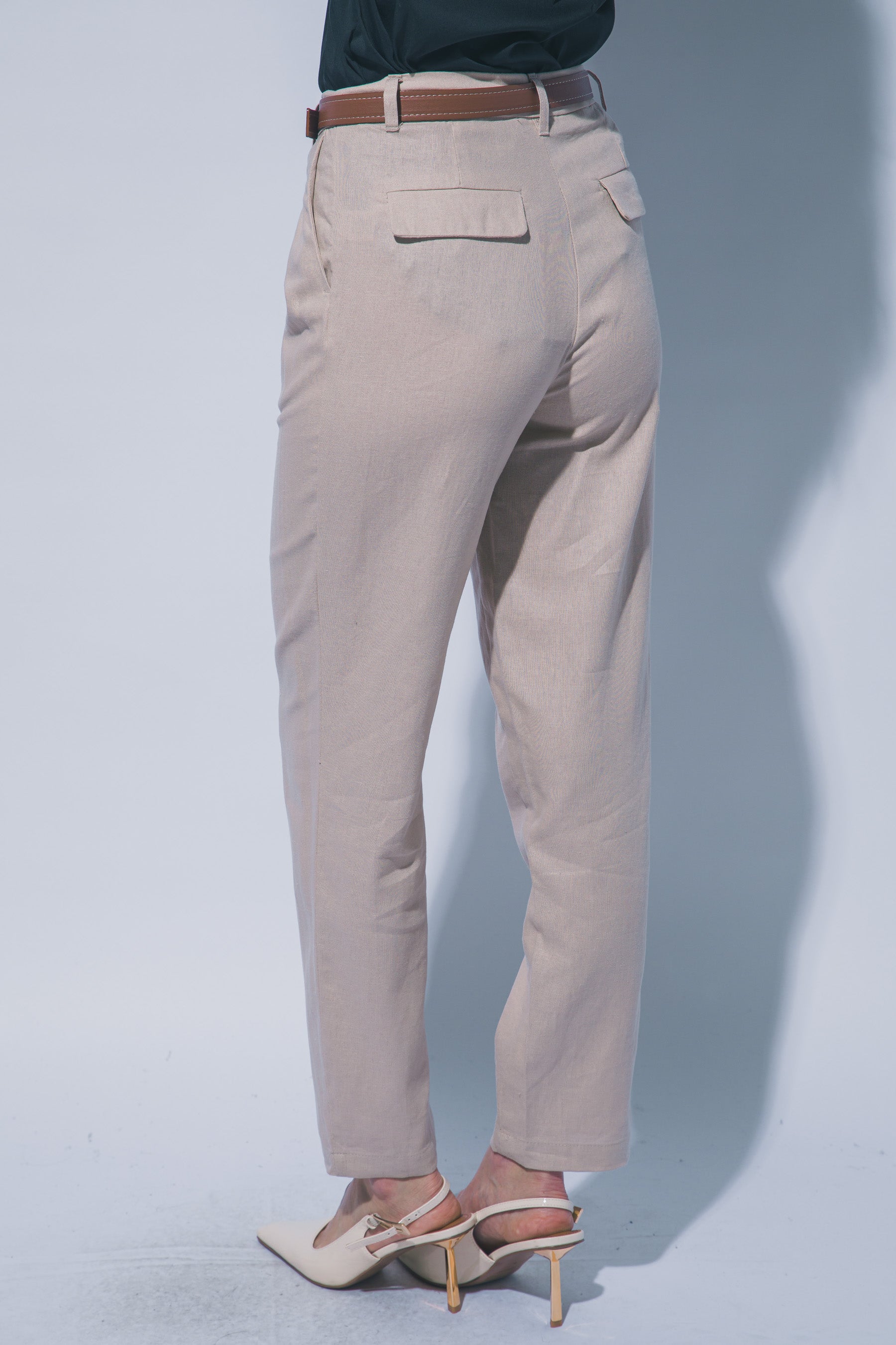 Pantalones de Lino para Mujer de Tiro Alto con Cinturón Ajustable