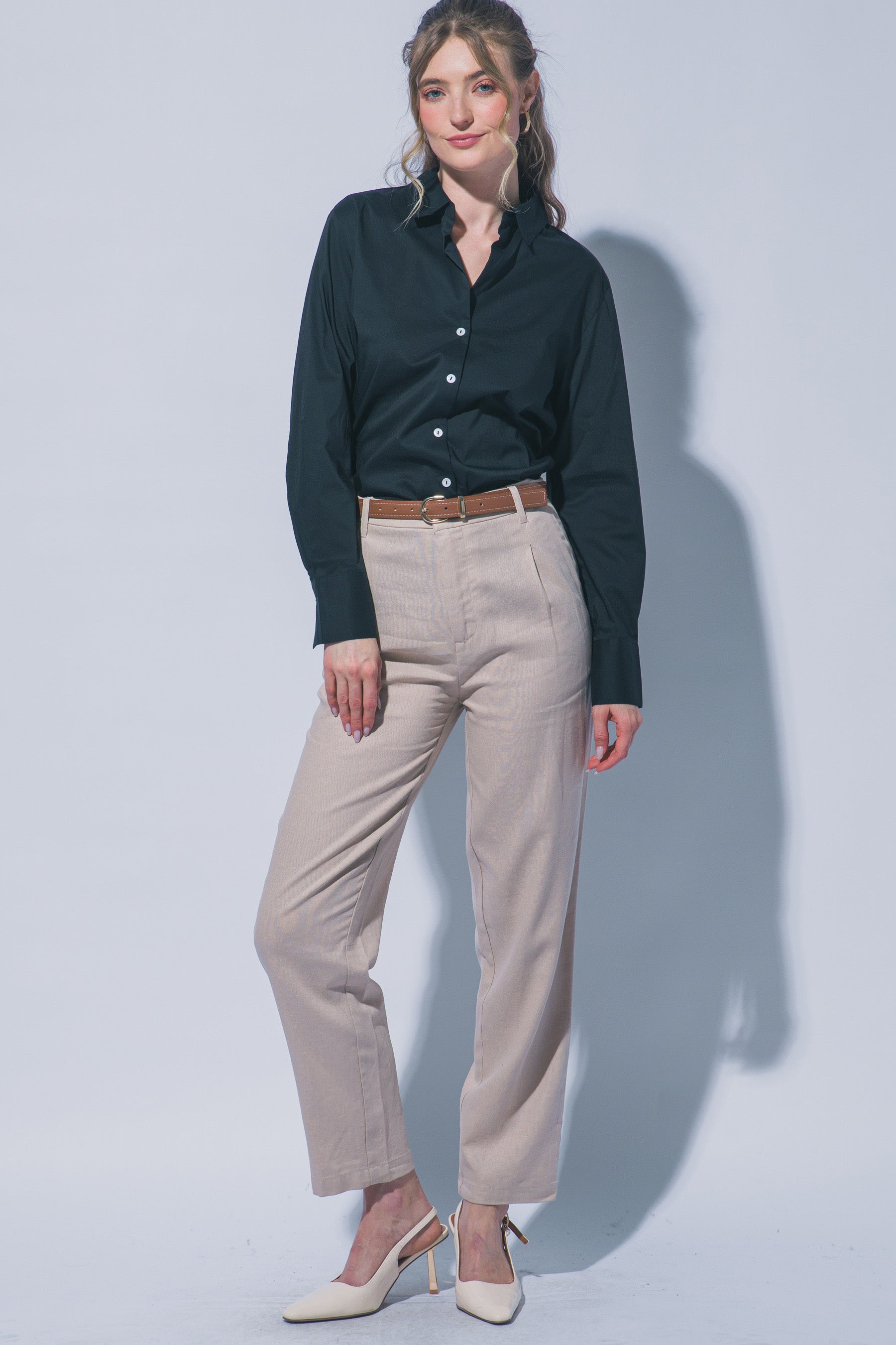 Pantalones de Lino para Mujer de Tiro Alto con Cinturón Ajustable