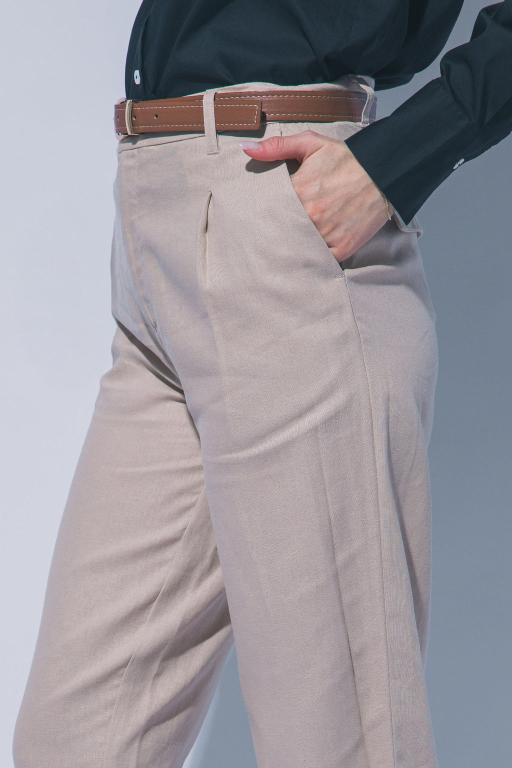 Pantalones de Lino para Mujer de Tiro Alto con Cinturón Ajustable