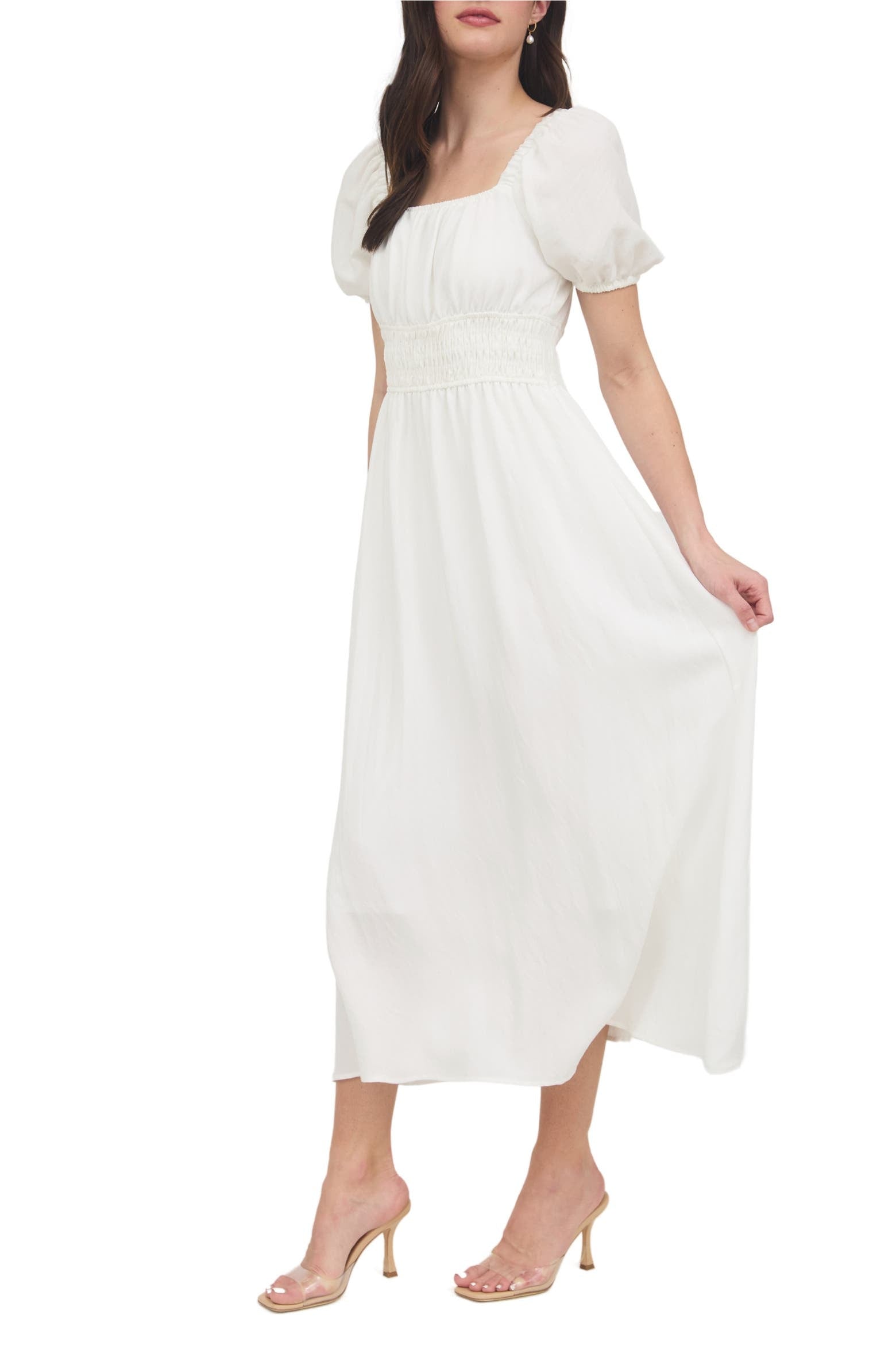 White Square Neck Puff Sleeve Maxi Dress