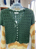 Green Crochet Button-Up Cardigan with Striped Sleeves