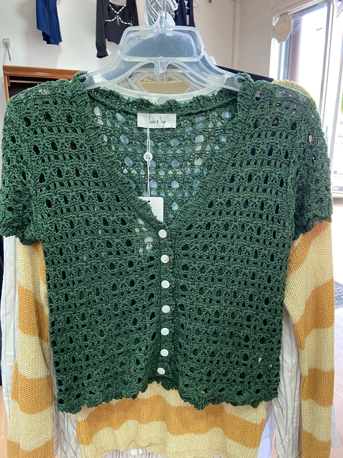 Green Crochet Button-Up Cardigan with Striped Sleeves