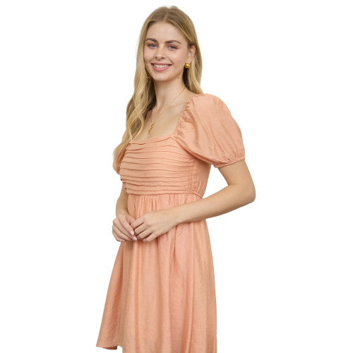 Peach Puff Sleeve Square Neck Dress with Ruffles