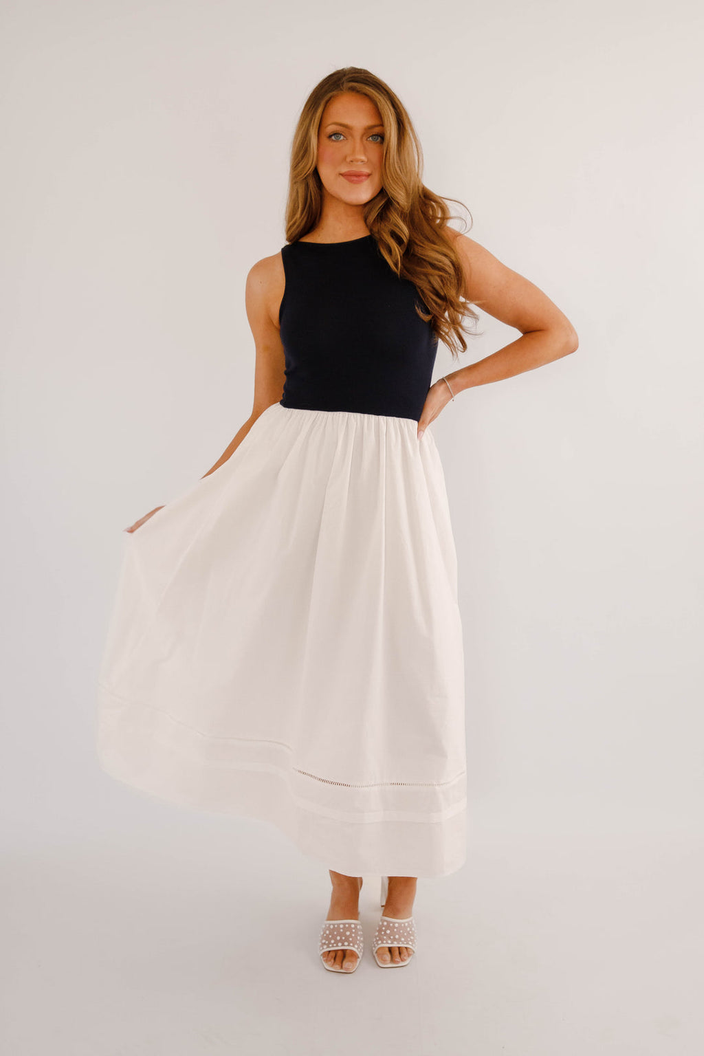 Navy Sleeveless A-Line Midi Dress with Pleated Skirt