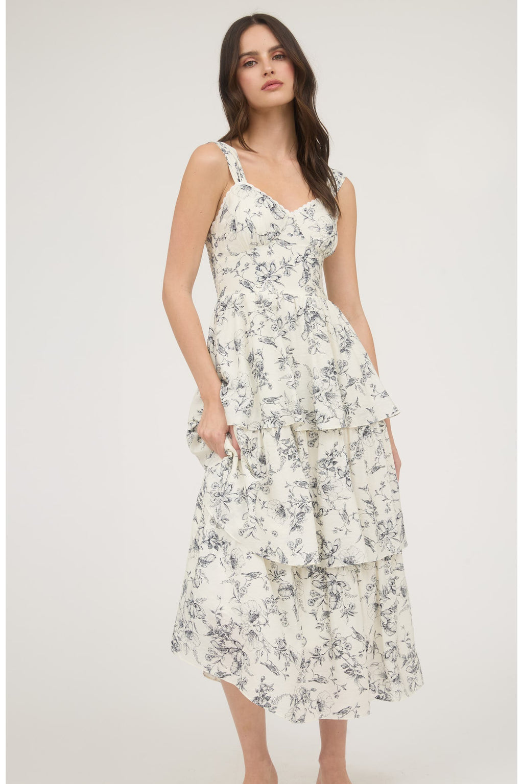 Cream Floral Maxi Dress with Tiered Ruffles