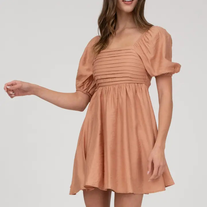 Peach Puff Sleeve Square Neck Dress with Ruffles