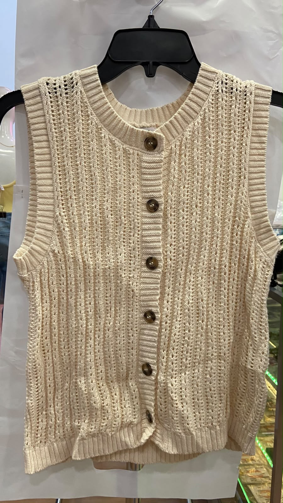 Cream Sleeveless Knit Vest with Button Detail