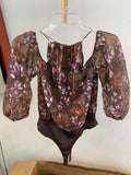 Brown Floral Long Sleeve Bodysuit with Puff Sleeves