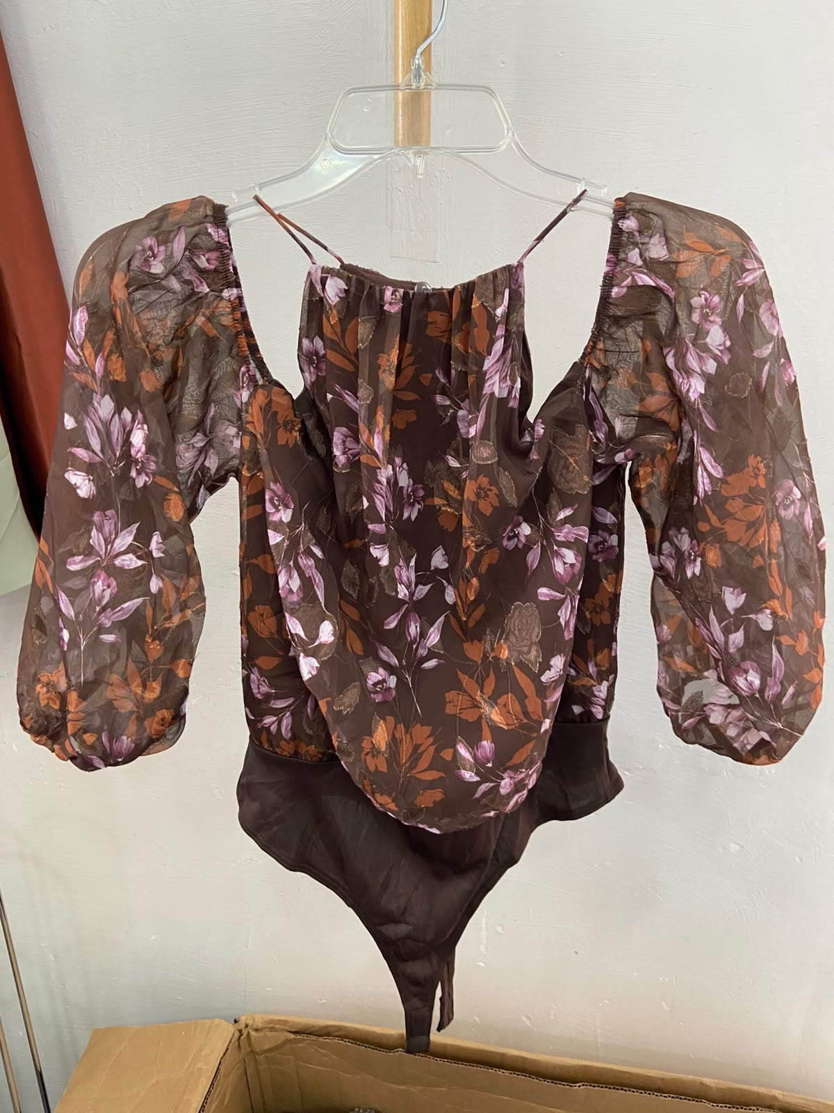 Brown Floral Long Sleeve Bodysuit with Puff Sleeves