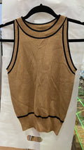 Beige Sleeveless Knit Tank Top with Black Trim