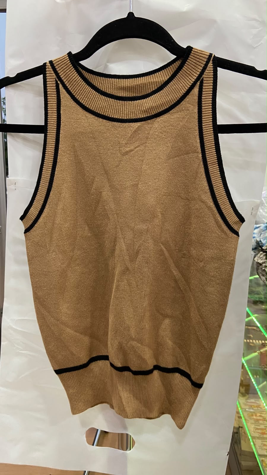 Beige Sleeveless Knit Tank Top with Black Trim