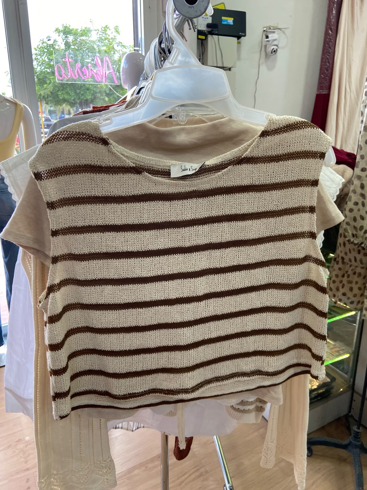 Cream Striped Crop Top with Knit Texture
