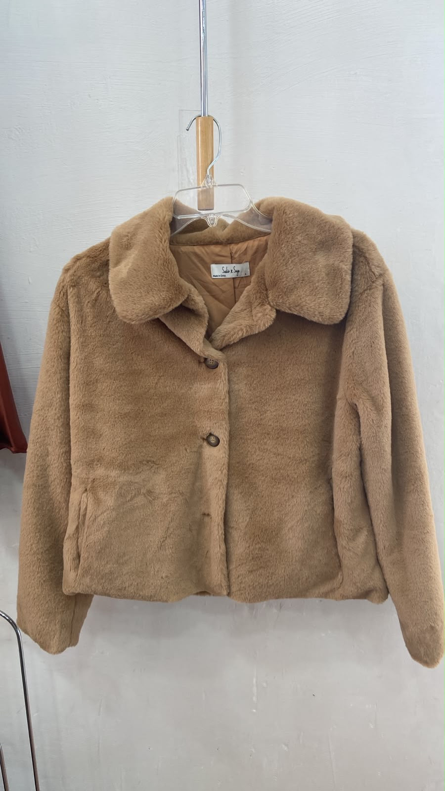 Beige Faux Fur Button-Up Jacket with Collar