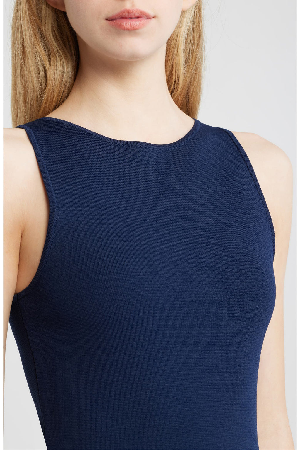 Navy Sleeveless A-Line Midi Dress with Pleated Skirt