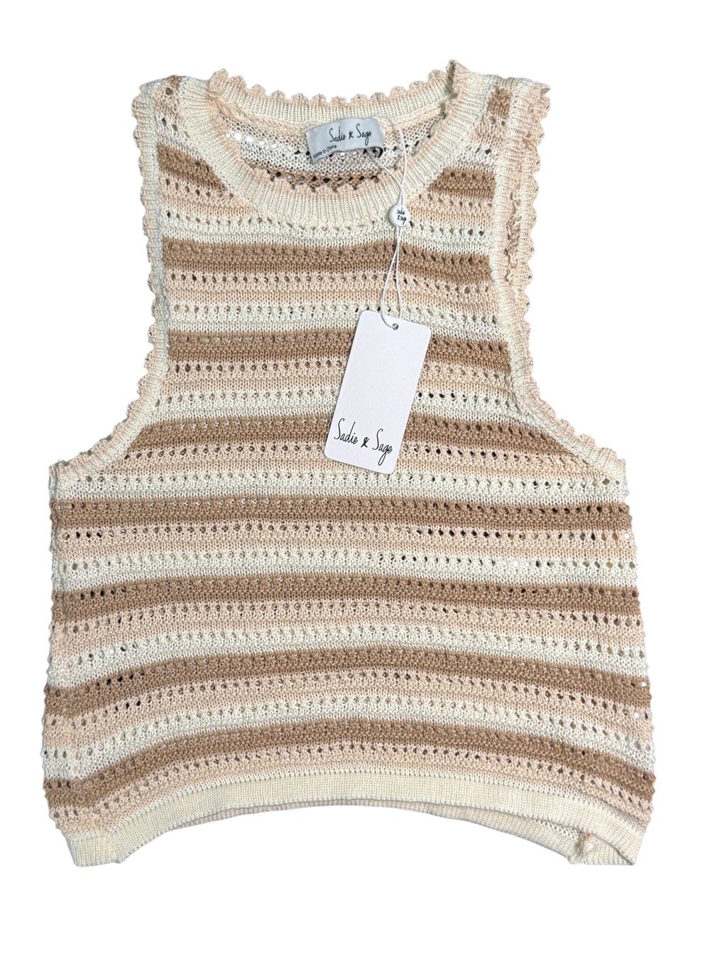 Beige Crochet Sleeveless Top with Lace Trim