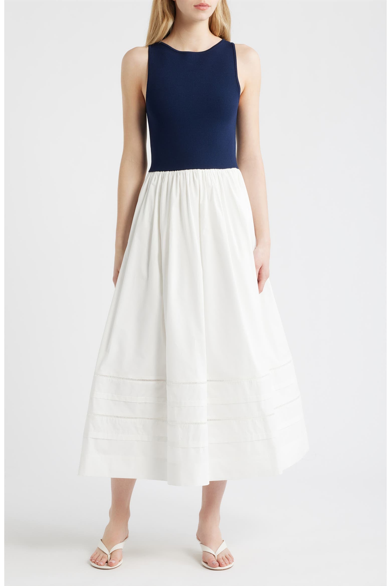 Navy Sleeveless A-Line Midi Dress with Pleated Skirt