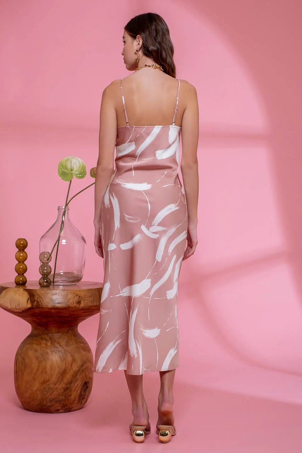 Satin Pink Spaghetti Strap Midi Dress with Abstract Print