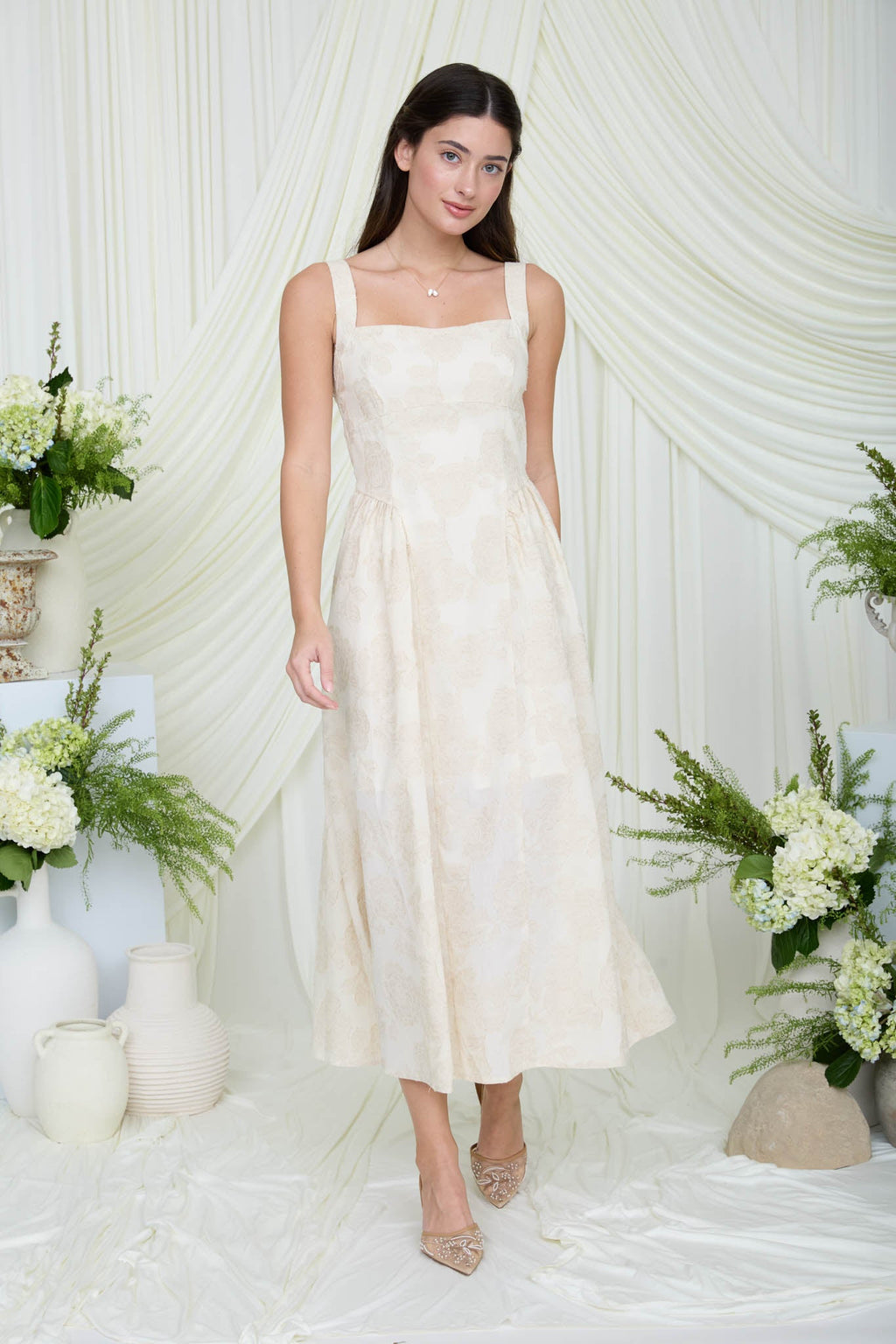 Floral Jacquard Sleeveless Midi Dress - Elegant Summer A-Line Occasion Wear