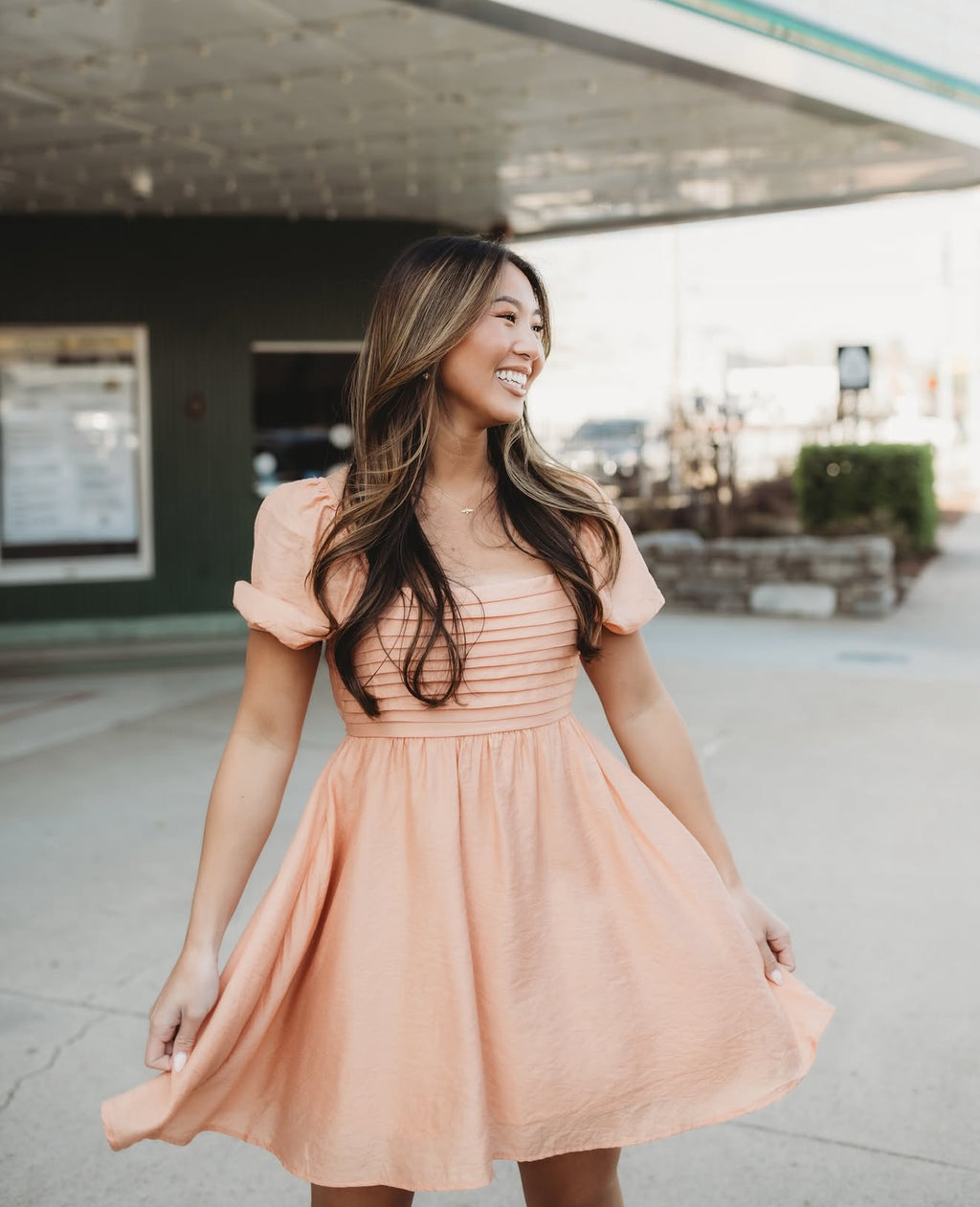 Peach Puff Sleeve Square Neck Dress with Ruffles