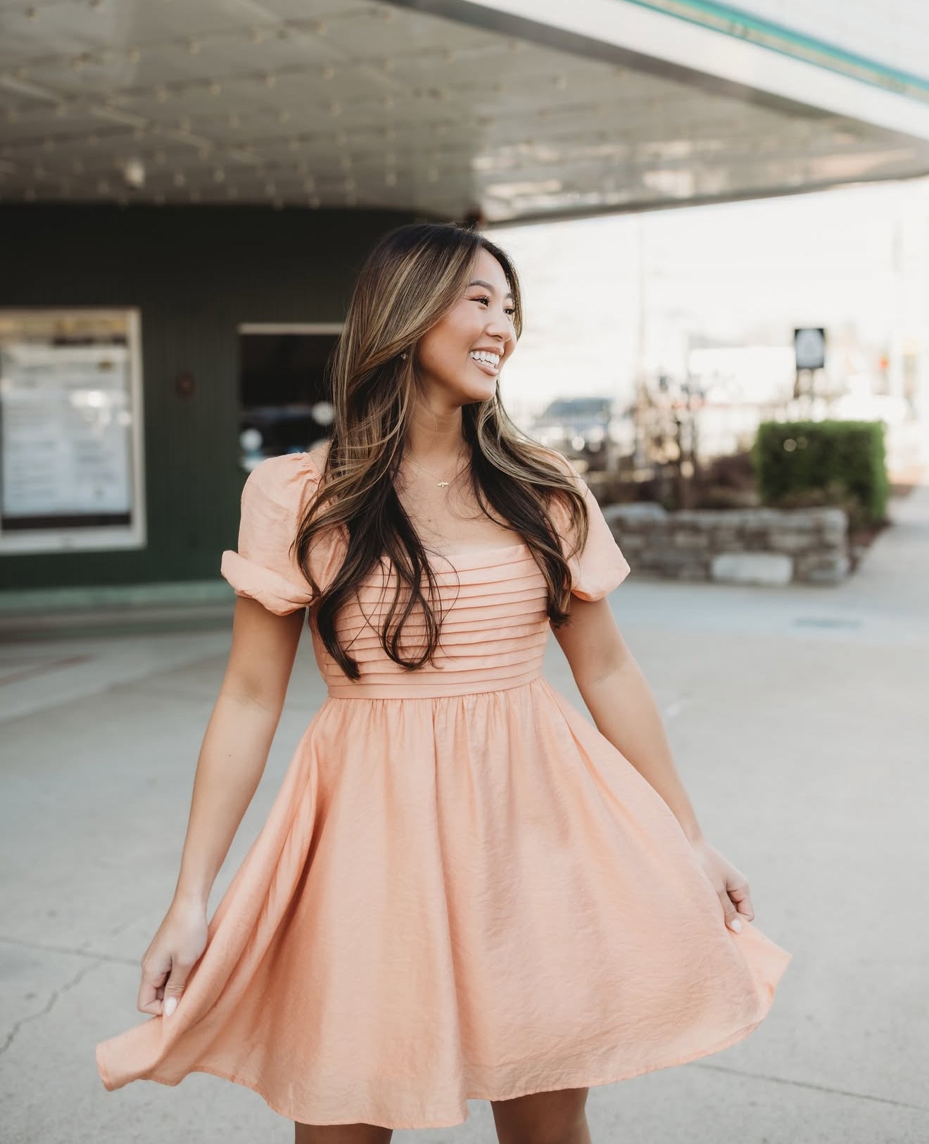 Peach Puff Sleeve Square Neck Dress with Ruffles