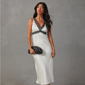 Cream V-Neck Midi Dress with Lace Detail