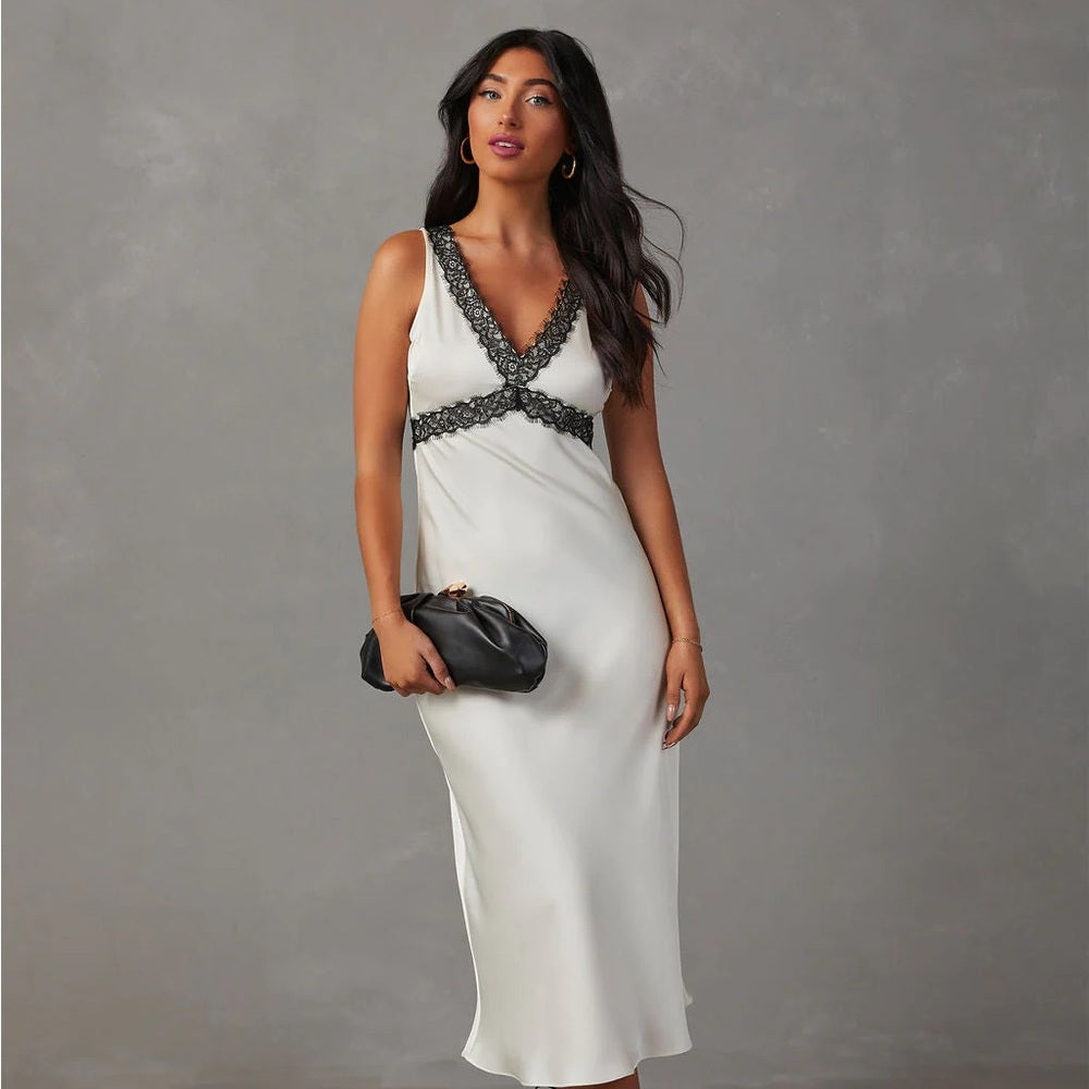 Cream V-Neck Midi Dress with Lace Detail