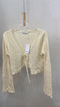 Cream Cropped Long Sleeve Knit Cardigan with Tie Detail