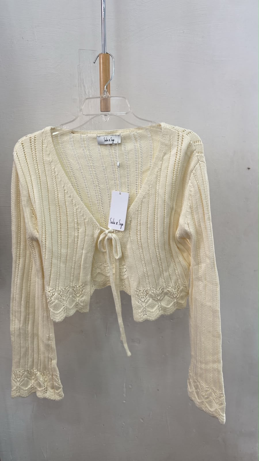 Cream Cropped Long Sleeve Knit Cardigan with Tie Detail