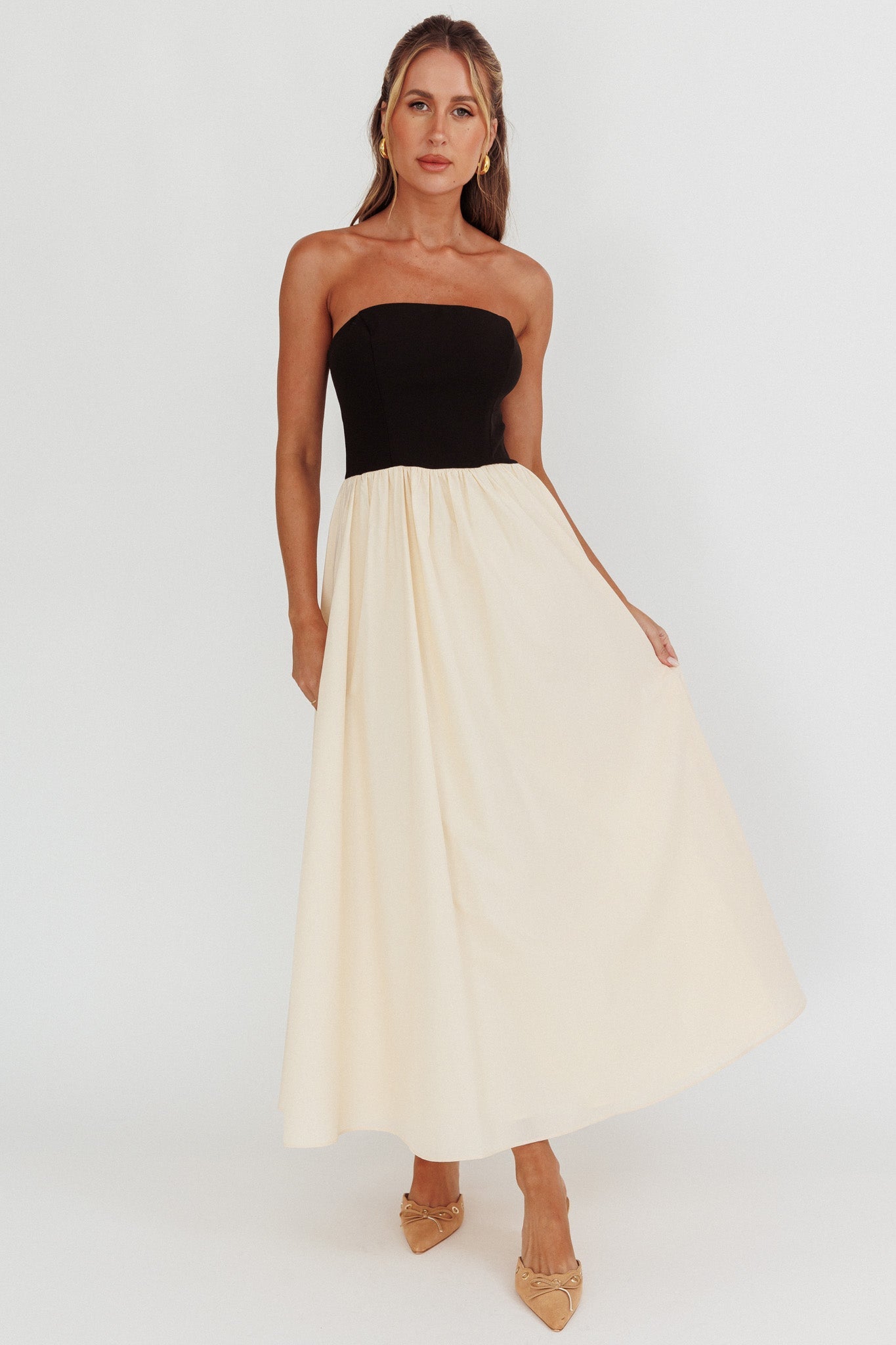 Black Strapless Maxi Dress with Cream Skirt