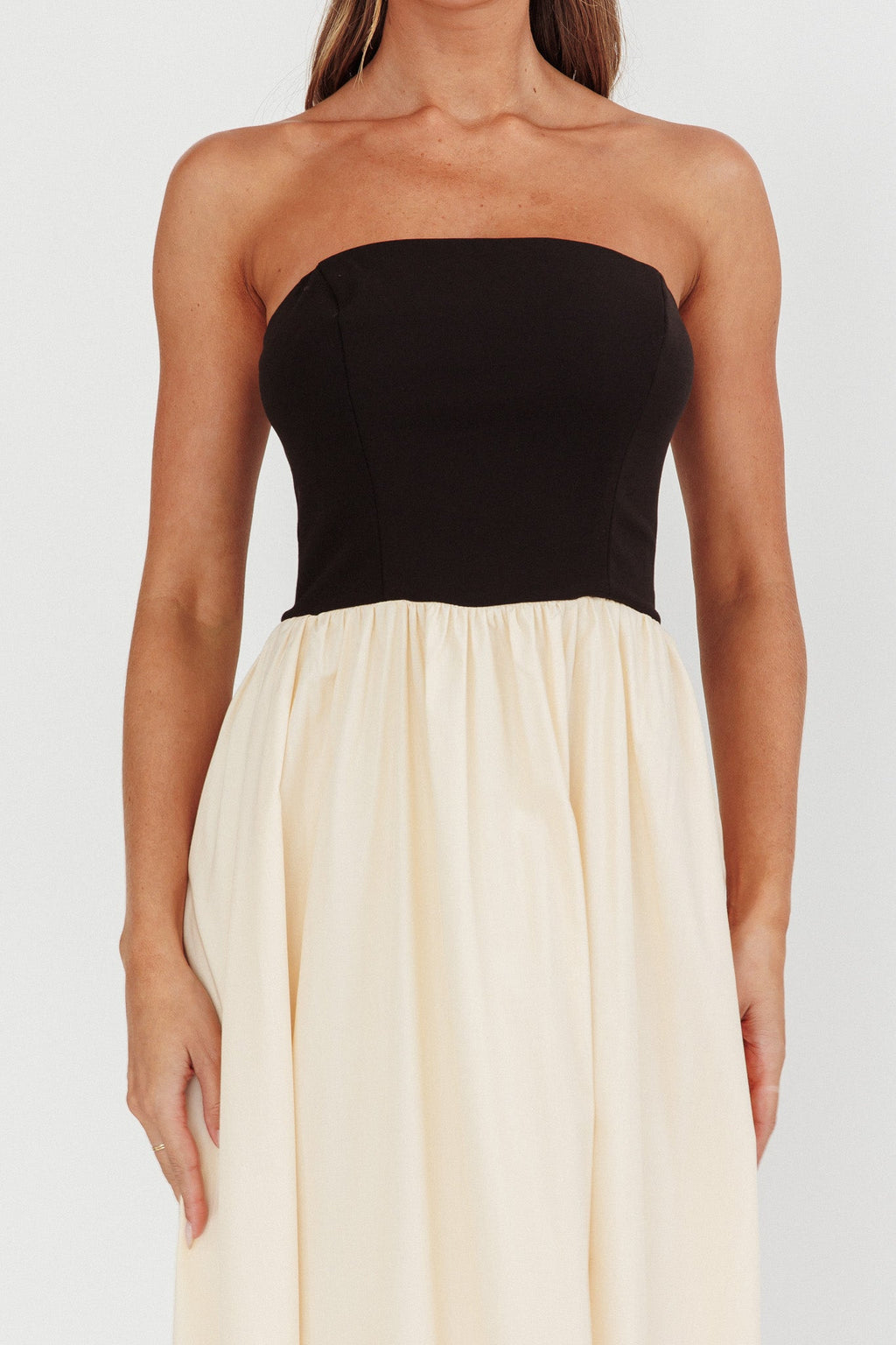 Black Strapless Maxi Dress with Cream Skirt