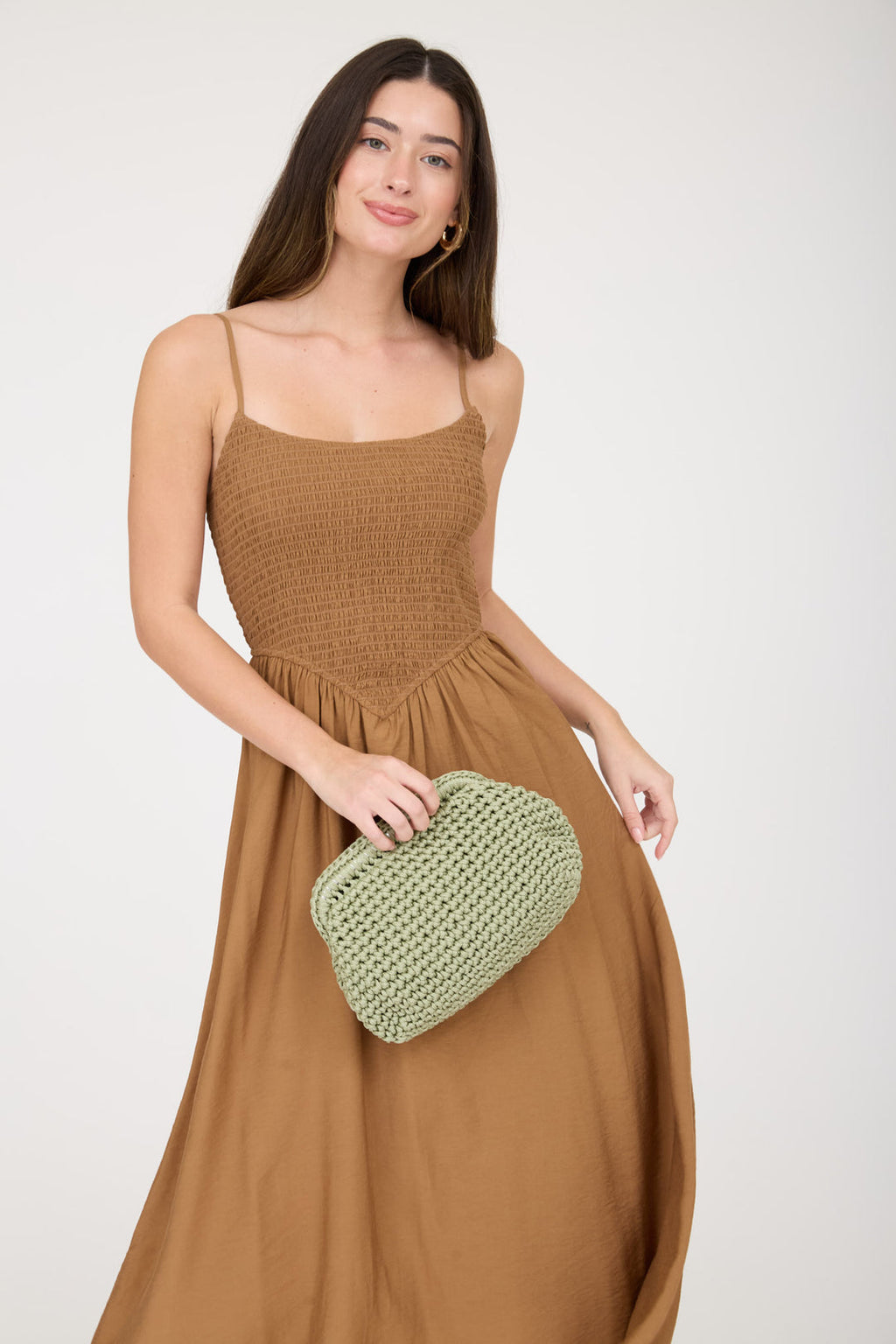 Smocked Basque Waist Spaghetti Strap Midi Dress Brown- Summer Boho Floral Beach Sundress