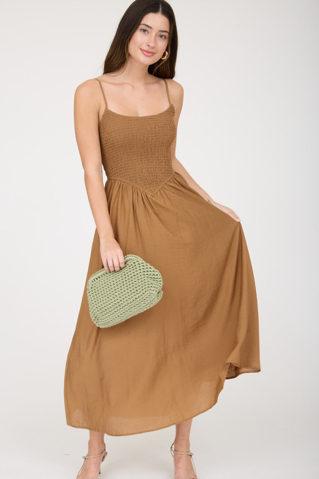 Smocked Basque Waist Spaghetti Strap Midi Dress - Summer Boho Floral Beach Sundress
