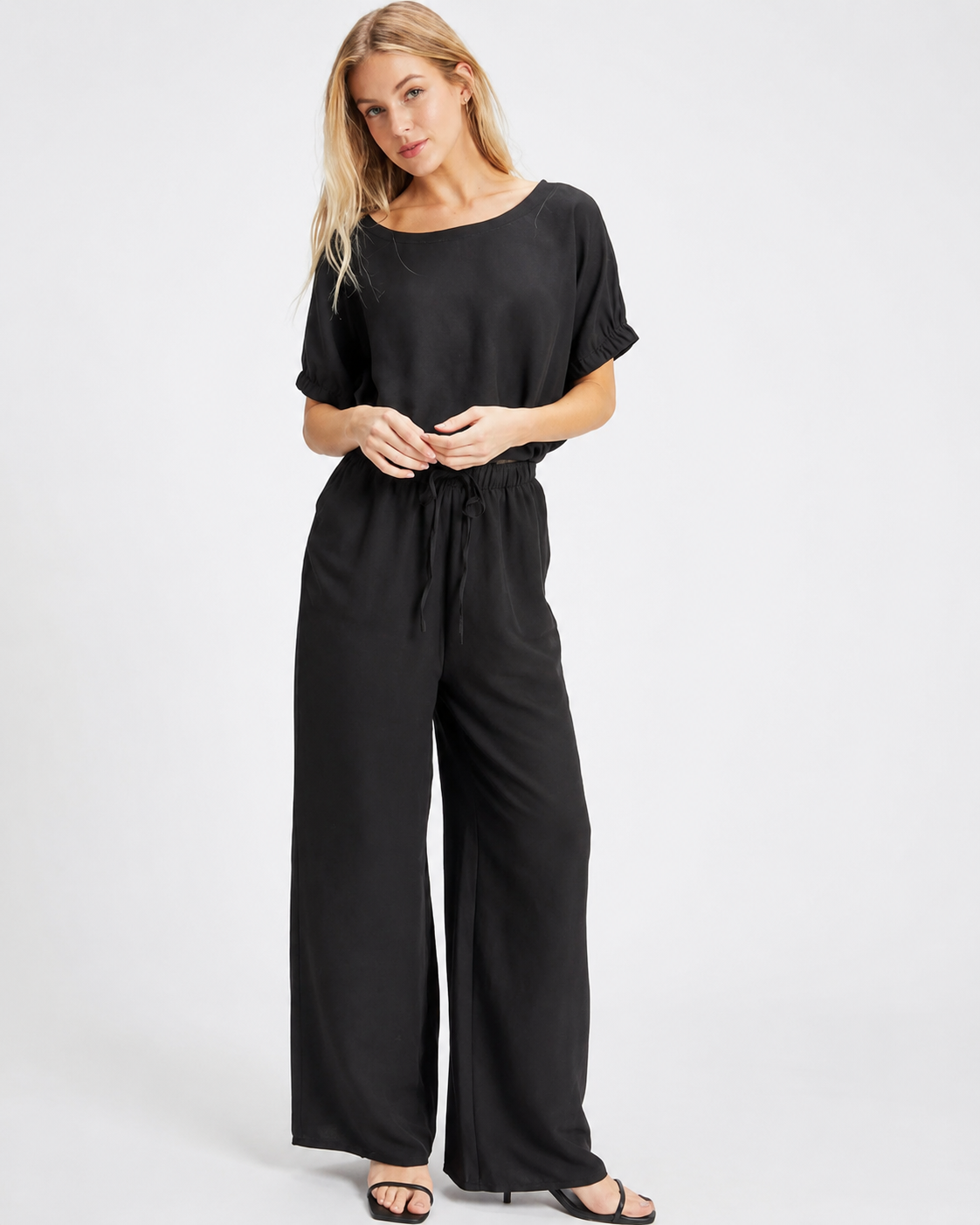 Black Lightweight Drawstring Wide-Leg Pants with Pockets – Women’s Casual Lounge Pants