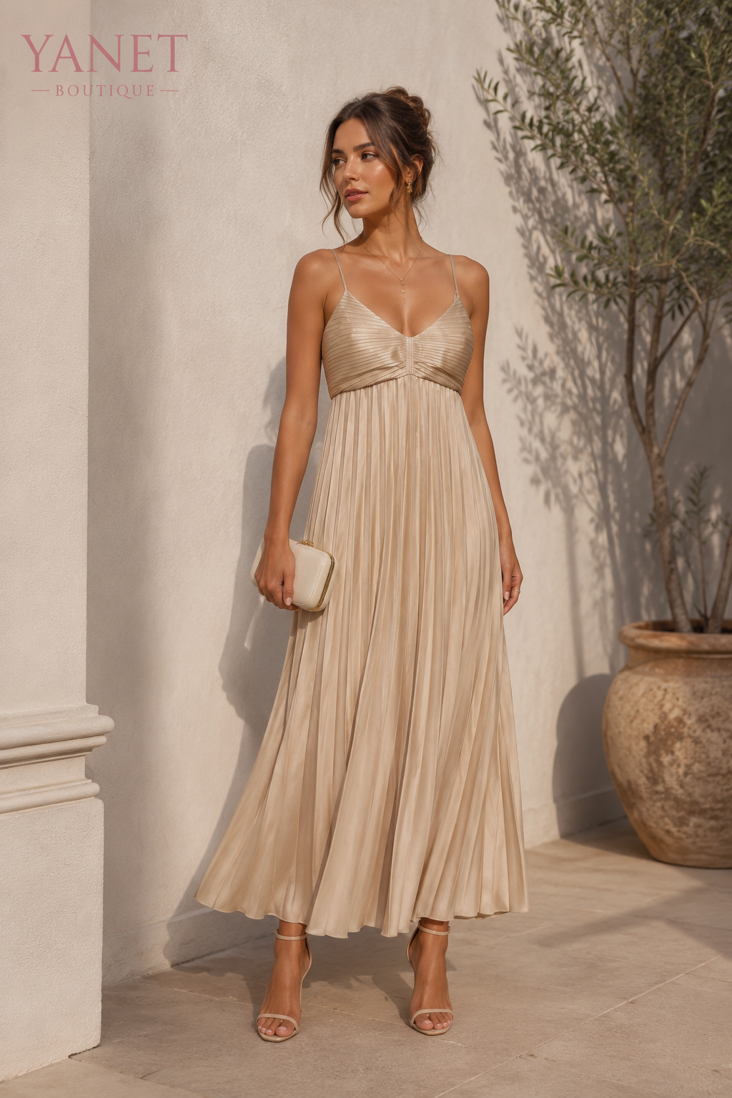 Beige Pleated Maxi Dress with Spaghetti Straps