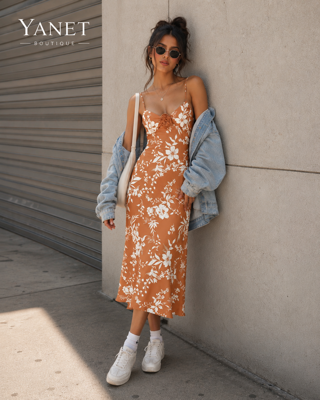 Orange Floral Spaghetti Strap Midi Dress with Lace Detail