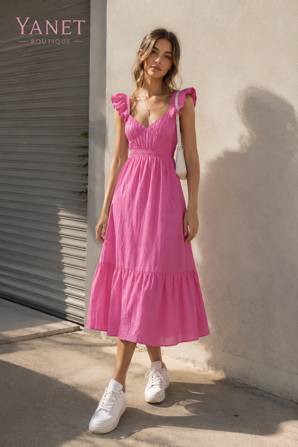 Pink Flutter Sleeve Maxi Dress with Ruffled Hem