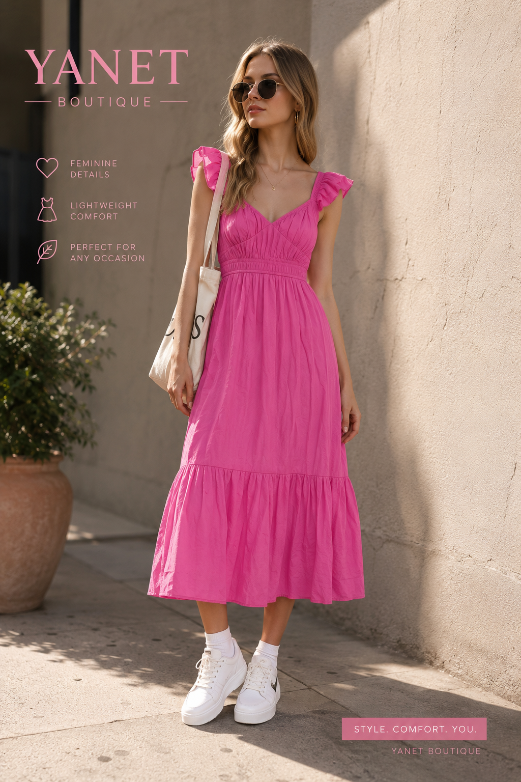 Pink Flutter Sleeve Maxi Dress with Ruffled Hem